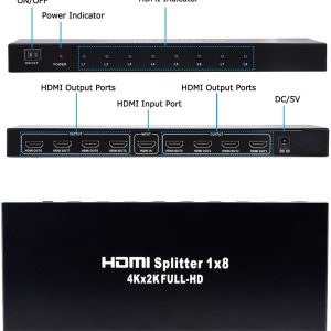 1x8 HDMI Splitter, 1 in 8 Out HDMI Splitter Audio Video Distributor Box Support Full HD 3D & 4K x 2K Compatible