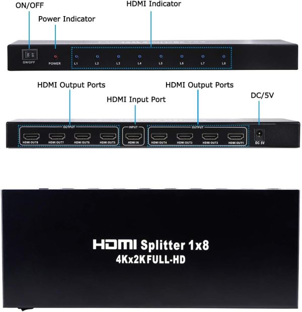 1x8 HDMI Splitter, 1 in 8 Out HDMI Splitter Audio Video Distributor Box Support Full HD 3D & 4K x 2K Compatible