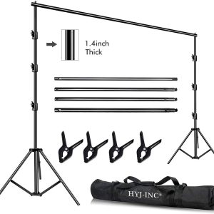 10 x 8.5 Ft Photo Video Studio Heavy Duty Adjustable Muslin Backdrop Stand Background Support System Kit for Photography with Carrying Bag，4 Pcs Spring Clamps
