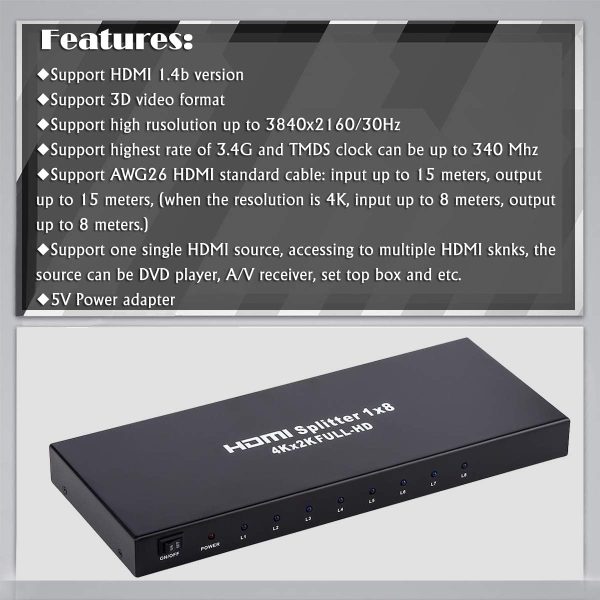 1x8 HDMI Splitter, 1 in 8 Out HDMI Splitter Audio Video Distributor Box Support Full HD 3D & 4K x 2K Compatible - Image 2